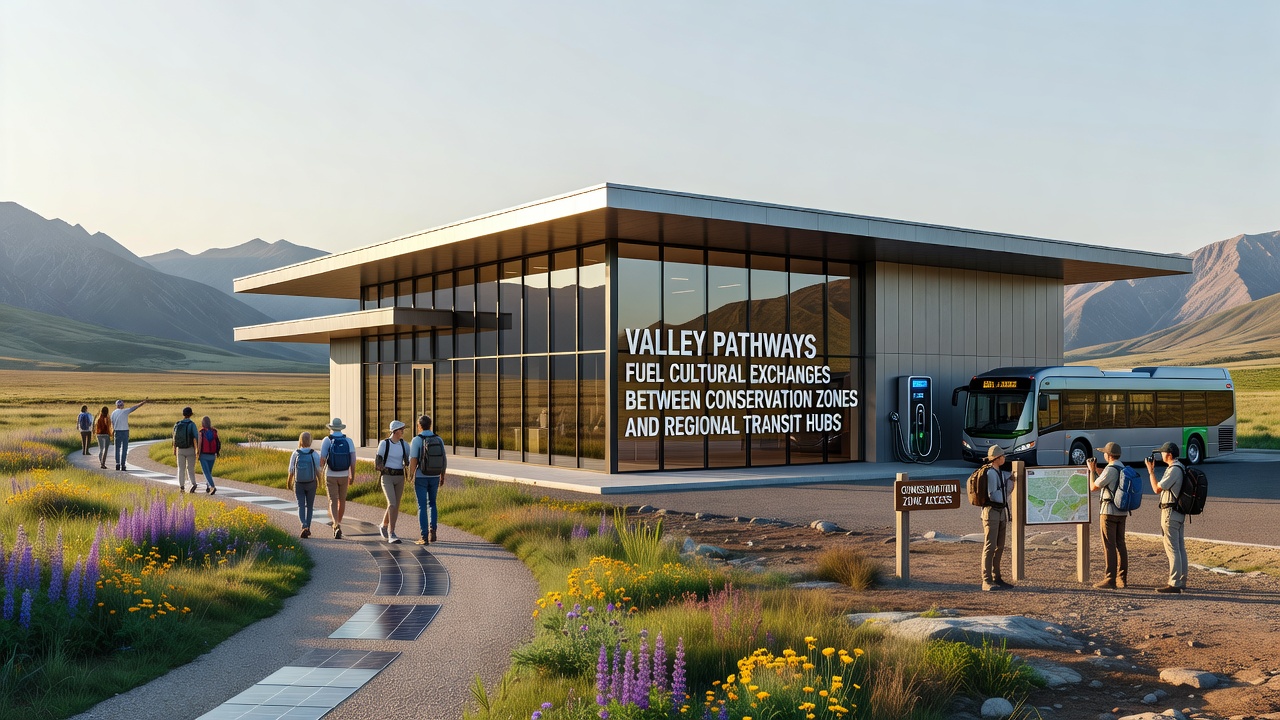 Groups of people using valley pathways for cultural programs, with transit hub connections visible in the background